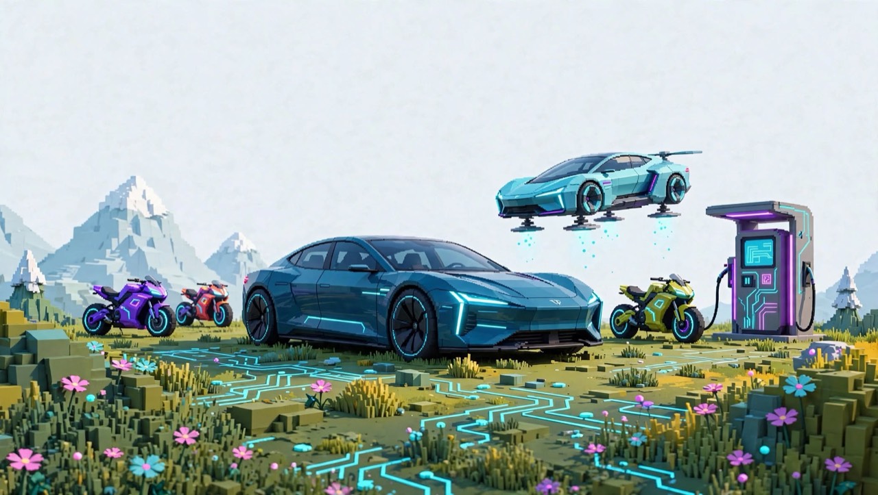 Electric cars and a hover car at a charging station in a mountain landscape