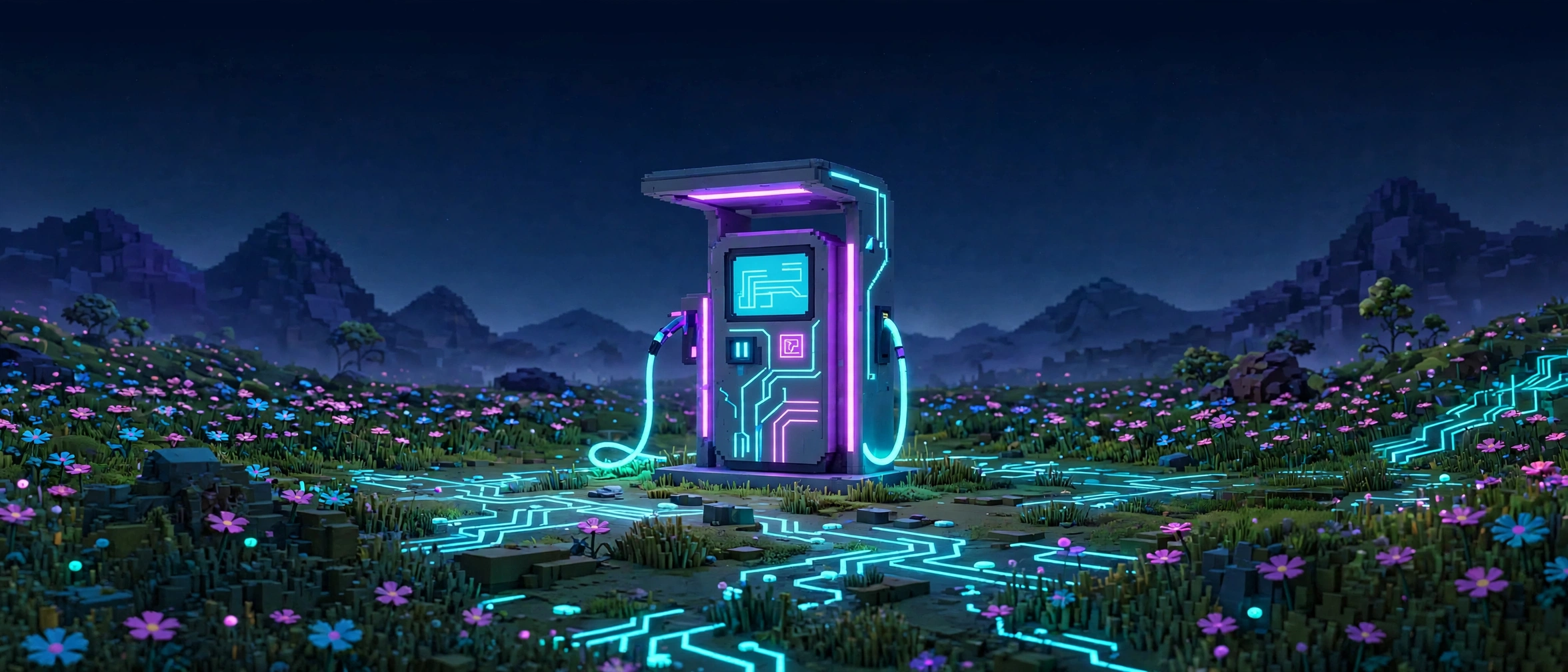 A neon-lit EV charging station standing in a wildflower meadow at night